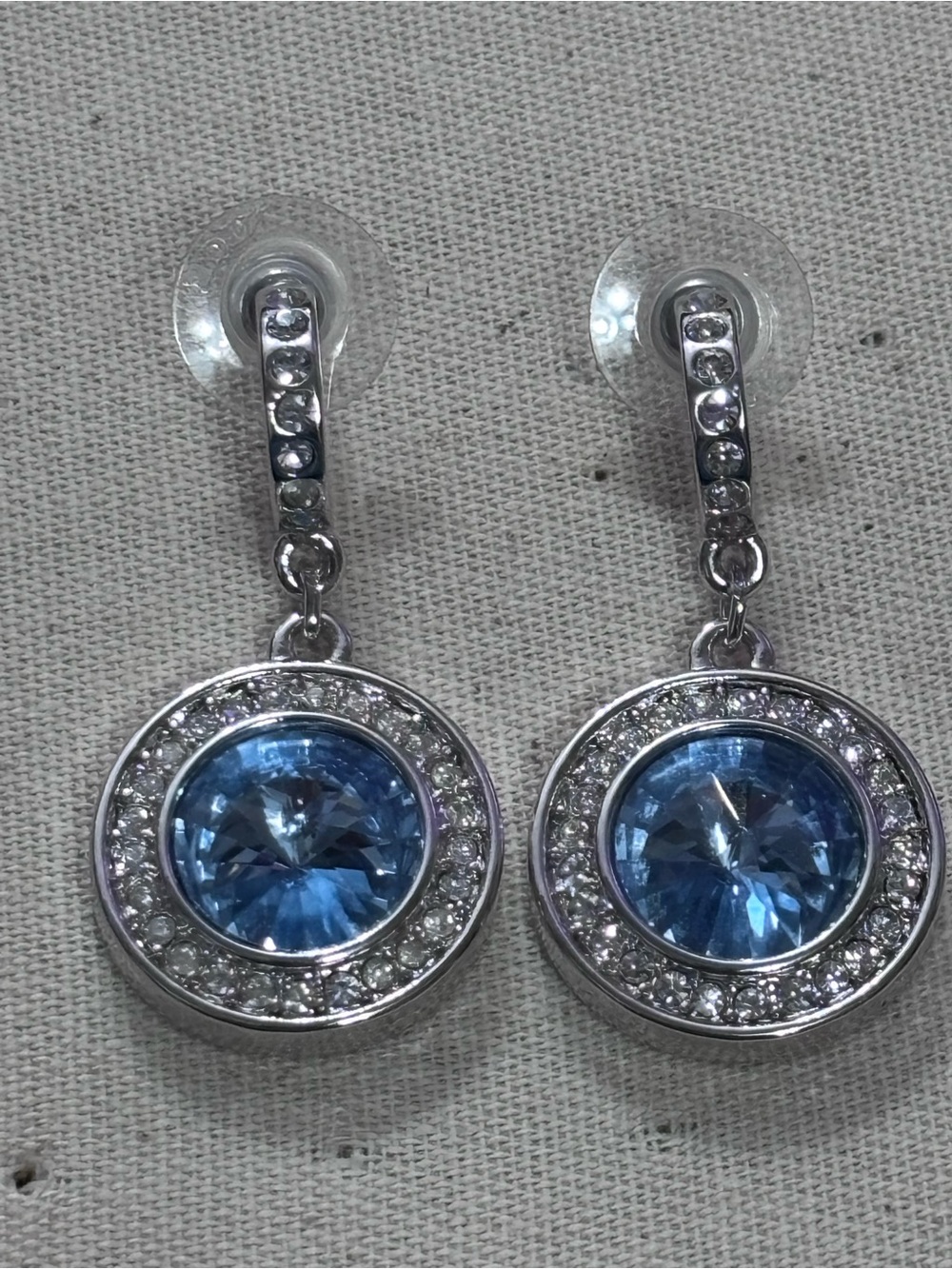 Blue Crystal Halo Drop Earrings - Silver Tone